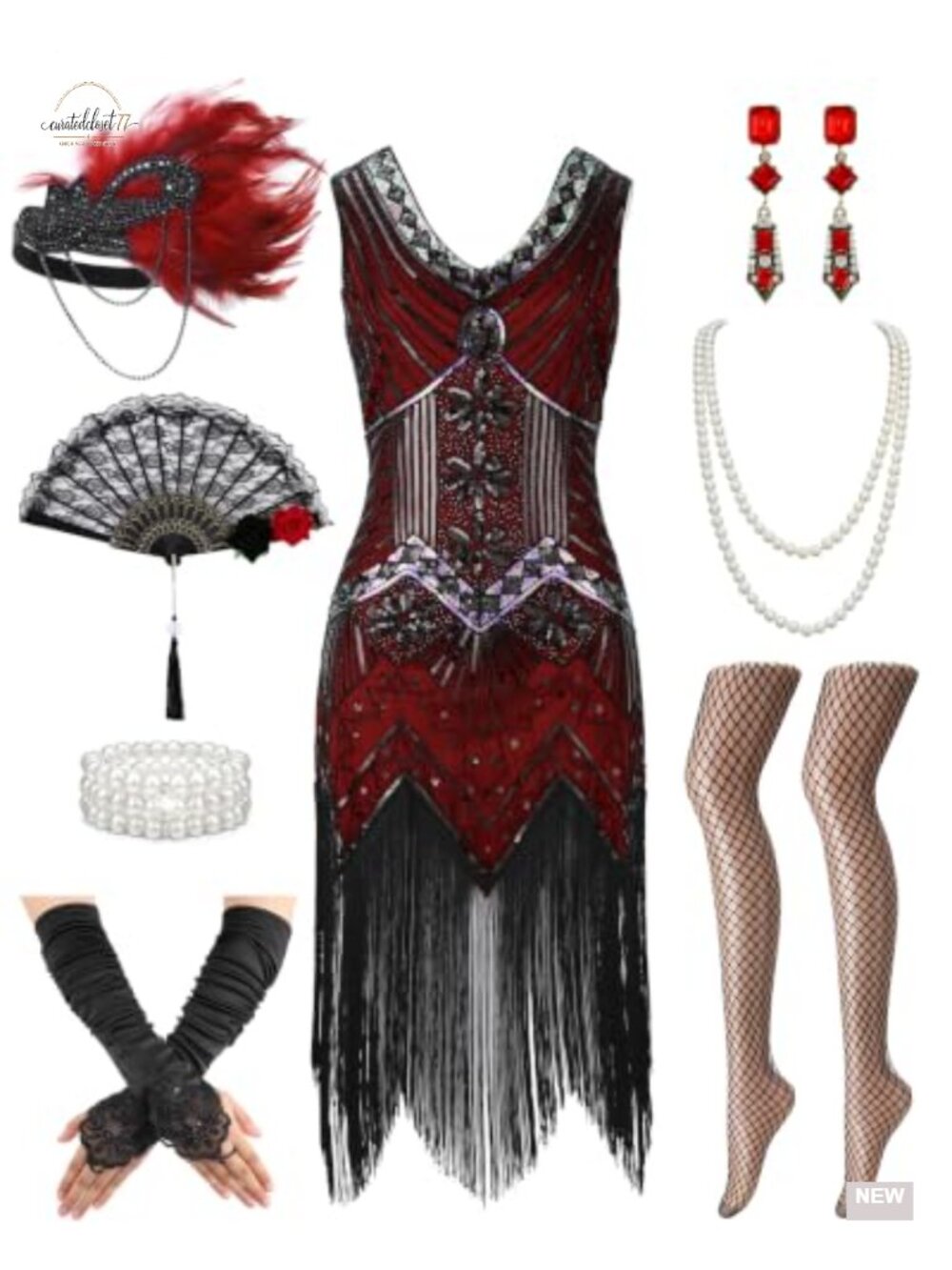 1920s Flapper Costume Dress Fringe Sequin 8 Piece Set Halloween Vintage